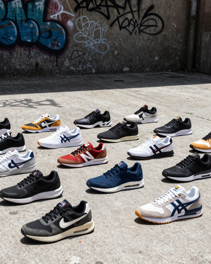 Primer plano dinámico de una colección de zapatillas deportivas d